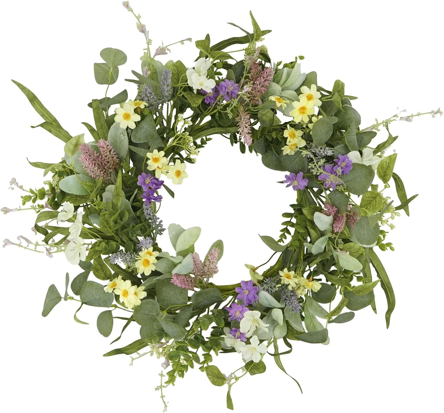 20-Inch Handcrafted Spring Summer Wreath with Eucalyptus & Multi-Colored Flowers