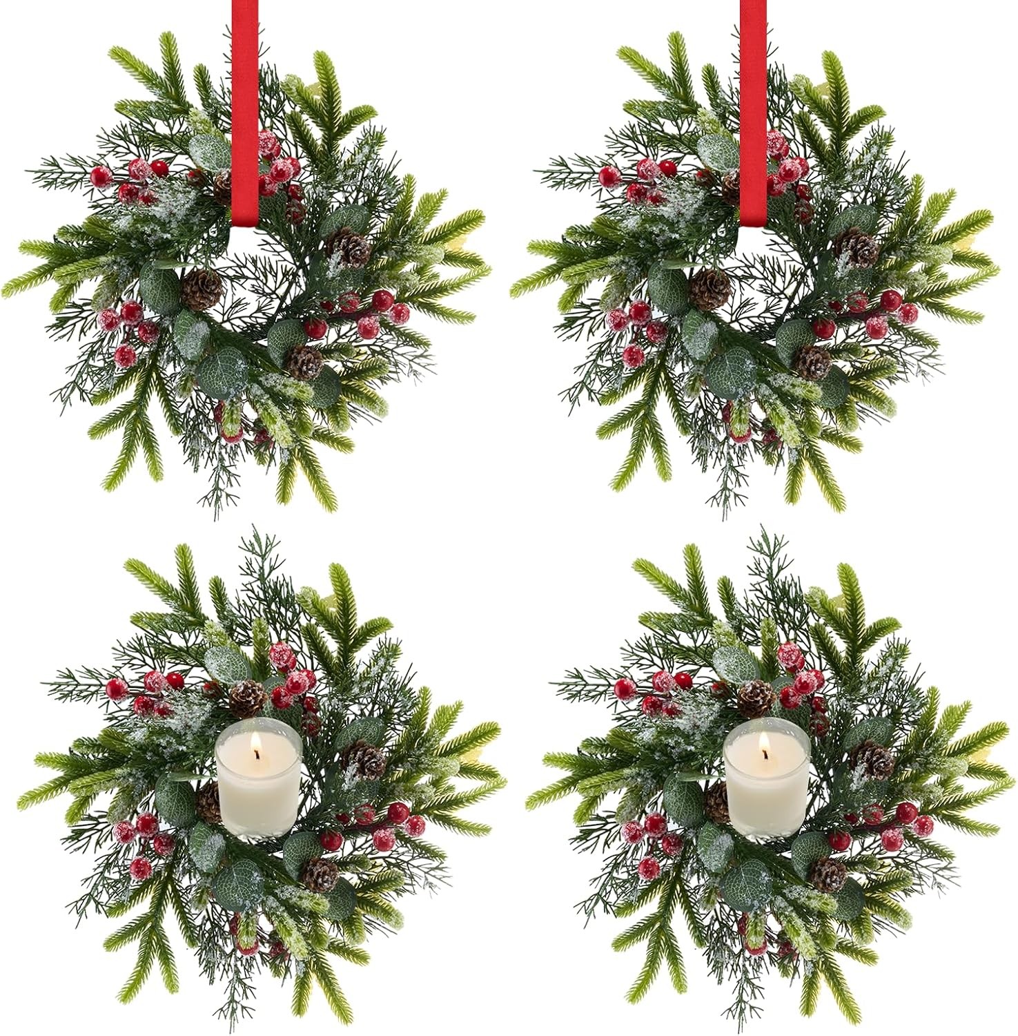 4 PCS Eucalyptus Taper Candle Rings Wreaths White Berry 1.38″ Mini Spring Summer