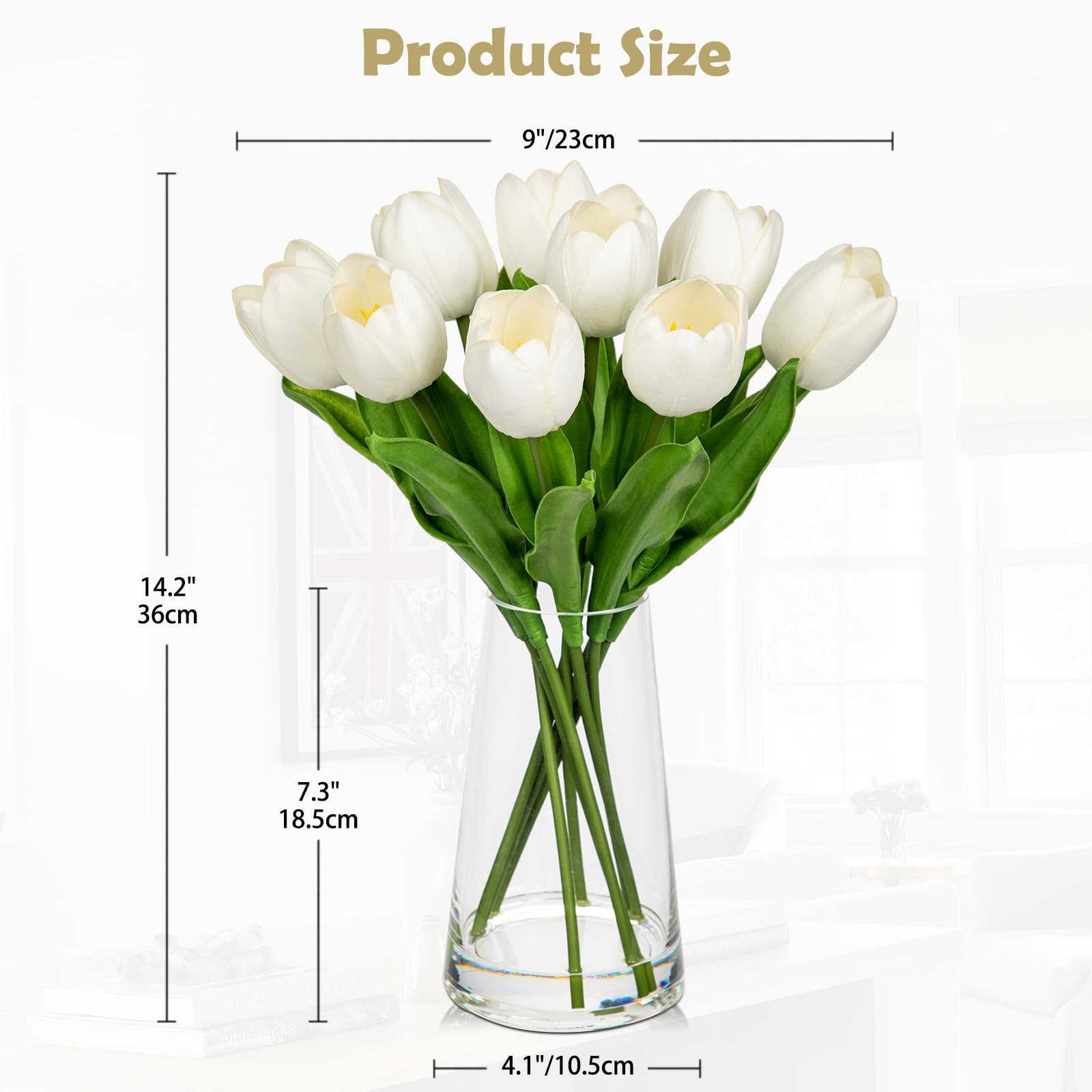 Fake Tulips Artificial Tulip Flowers in Glass Vase with Faux Water, 14.2″ Rea…