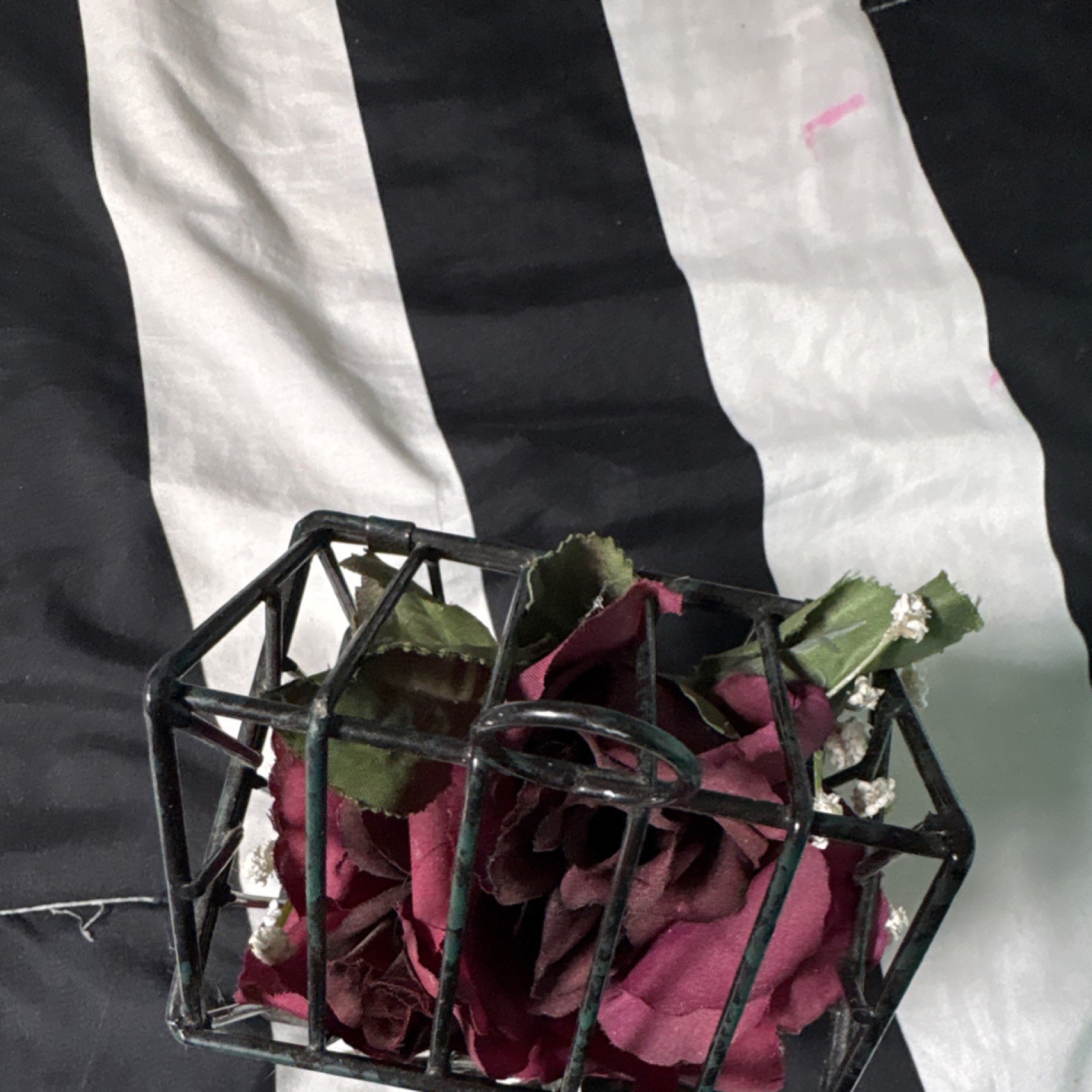 Artificial Rose Arrangement Metal Basket 6×6 Inch Burgundy Green Black Decor
