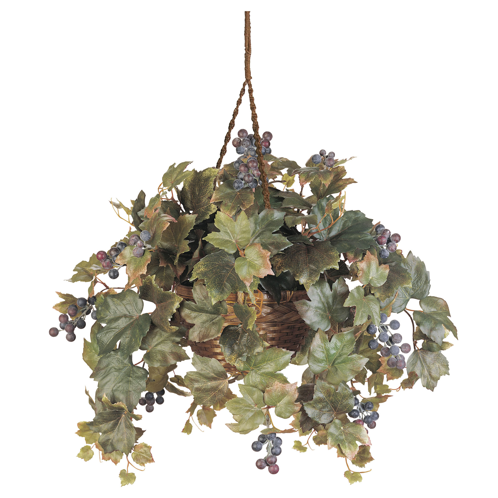 Nearly Natural Grape Leaf Hanging Basket Silk Plant Green Leaves Colored Berries