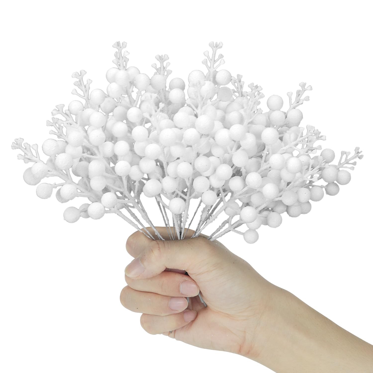 Artificial White Berry Stems, 24 Pack 8.7″ Christmas Glitter Berries Stems Ar…