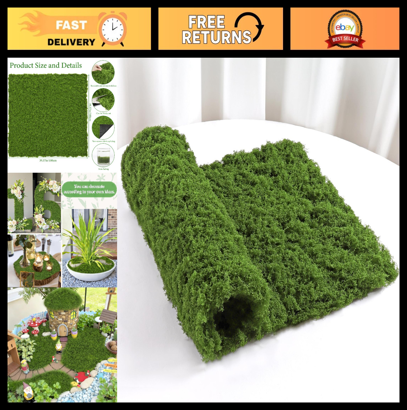 Dark Green Artificial Moss Mat 39.37″ x 39.37″ for Crafts, Wall Decor, Fairy Gar