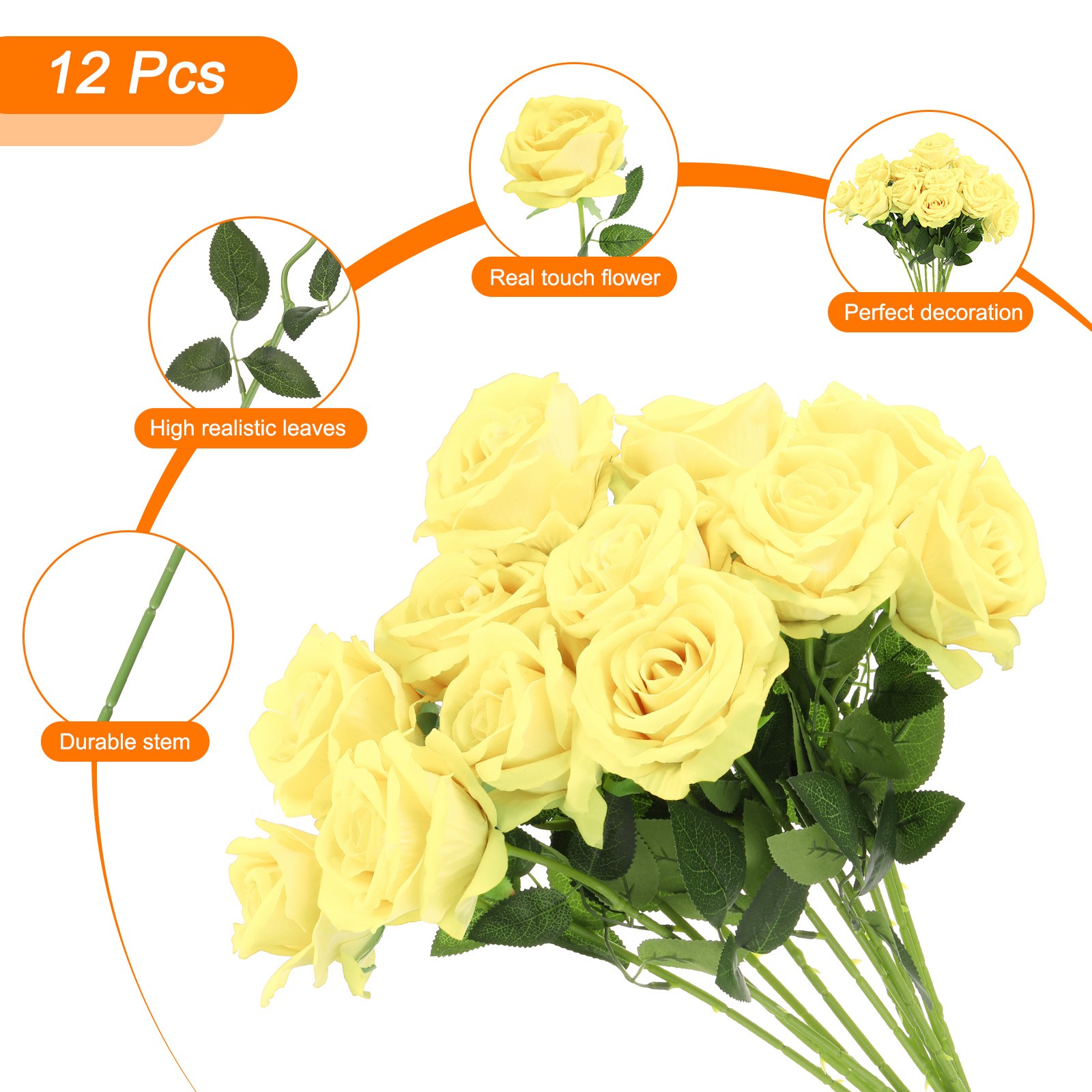 12 Pcs Pale Yellow Roses Artificial Flowers Velvet Rose with Stems