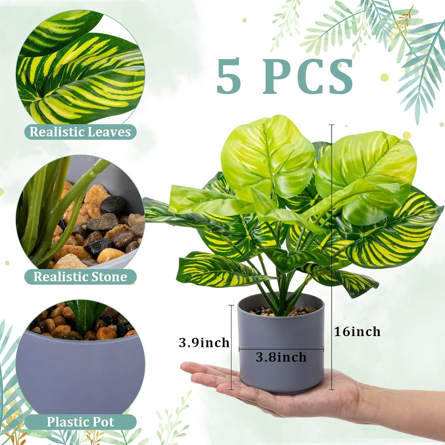 5 Pcs 11 Inch Artificial Potted Tropical Plants Indoor Small Faux Monstera Plant