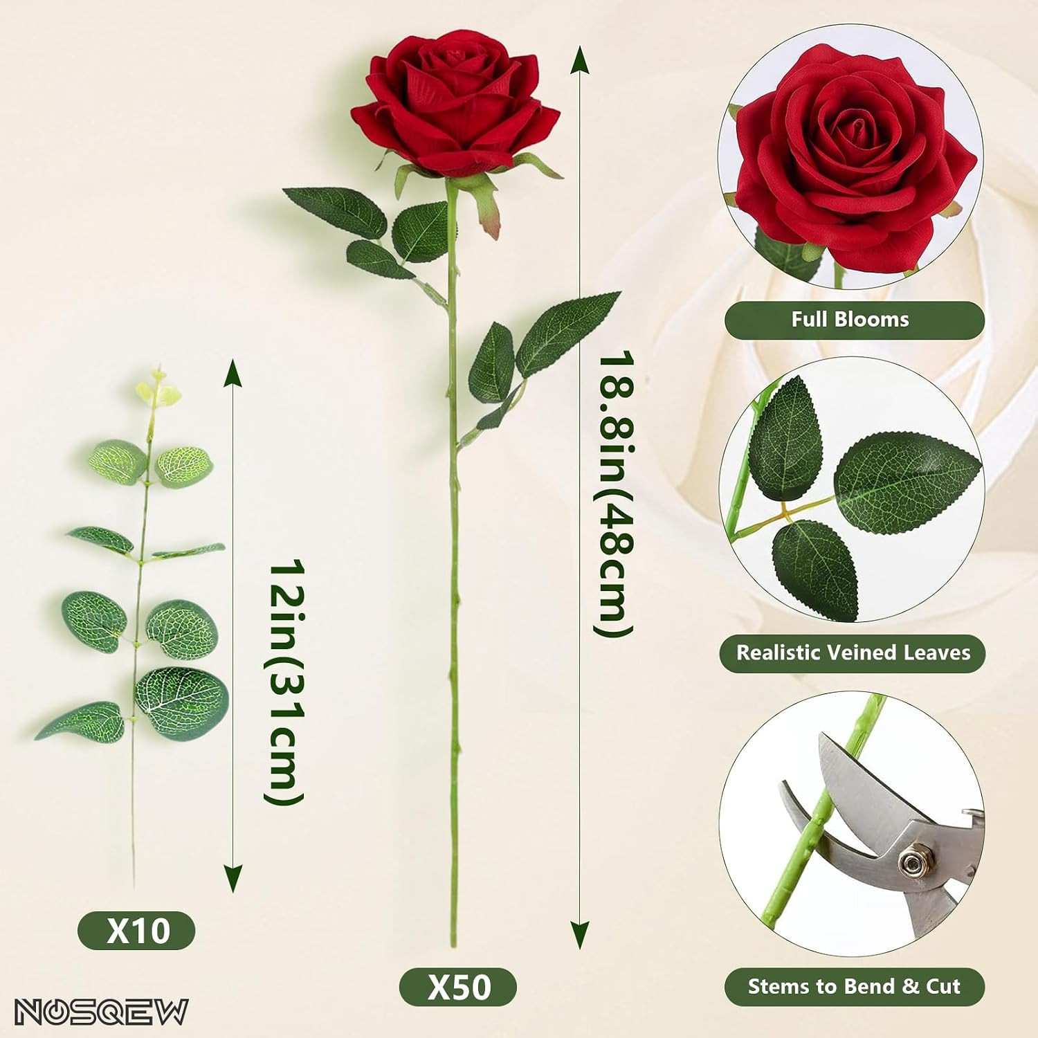 50 Pcs Artificial Roses +10 Eucalyptus + 1 Sachet (Rose Red) | Fake Velvet Silk