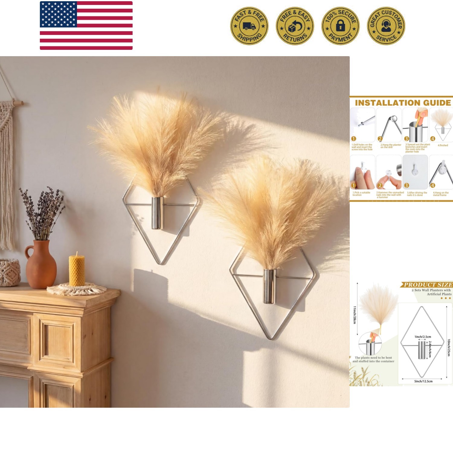 2 Pieces Wall Decor Hanging Planters with Artificial Plants Metal Hanging Vas…
