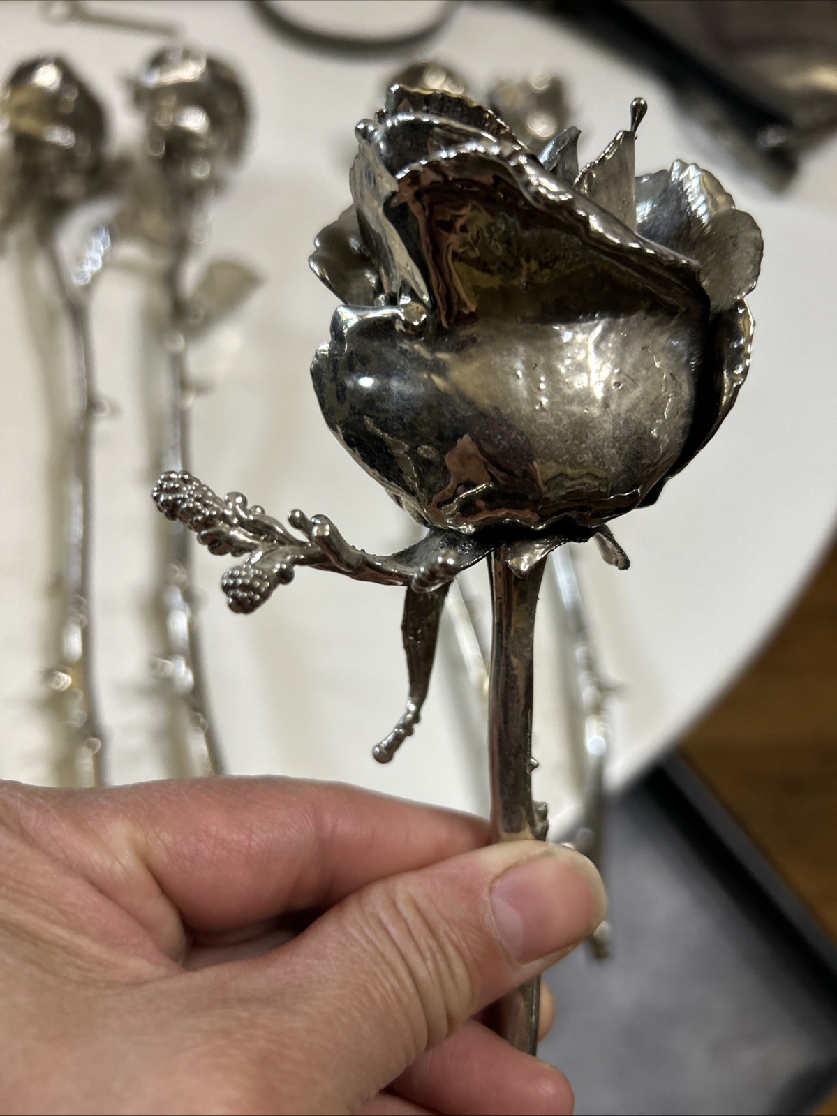 Set of six 6 Real Rose Dipped In Silver 18 inches long Triple dipped