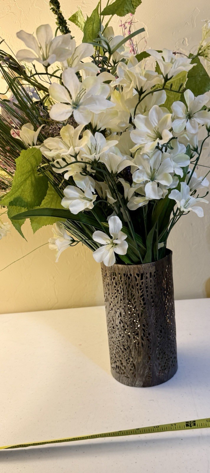 Faux Floral Arrangement White Hydrangea Lavender Metal Cylinder Vase Decor