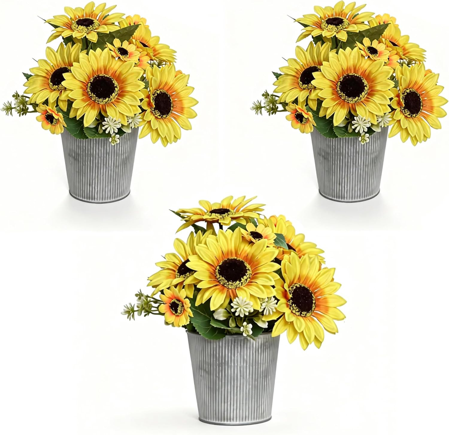 3-Pack Artificial Sunflower Arrangement in Galvanized Metal Pot, Faux Sunflower