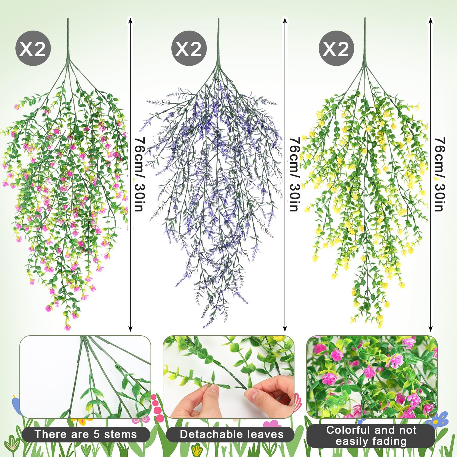 6 Pcs Spring Artificial Hanging Flowers Outdoor Faux Silk Mum Plant Decor Vio…