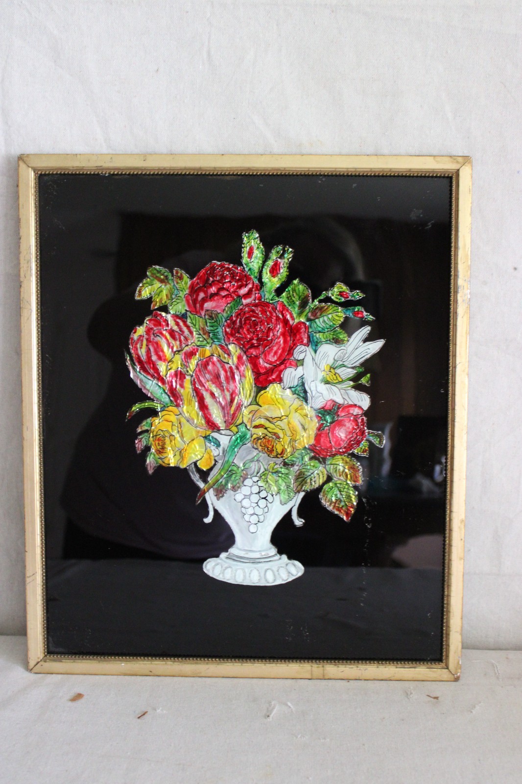 BIG GOLD GILT ORIGINAL OIL PAINTING STILL LIFE FLORAL MID CENTURY SIGNED CANVAS