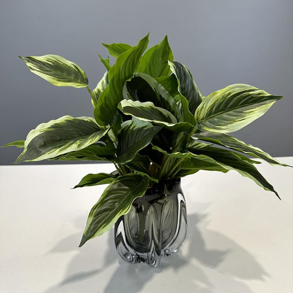 4Packs Variegated Hosta Artificial Plant 17.7″ Faux Green Dieffenbachia Plant…