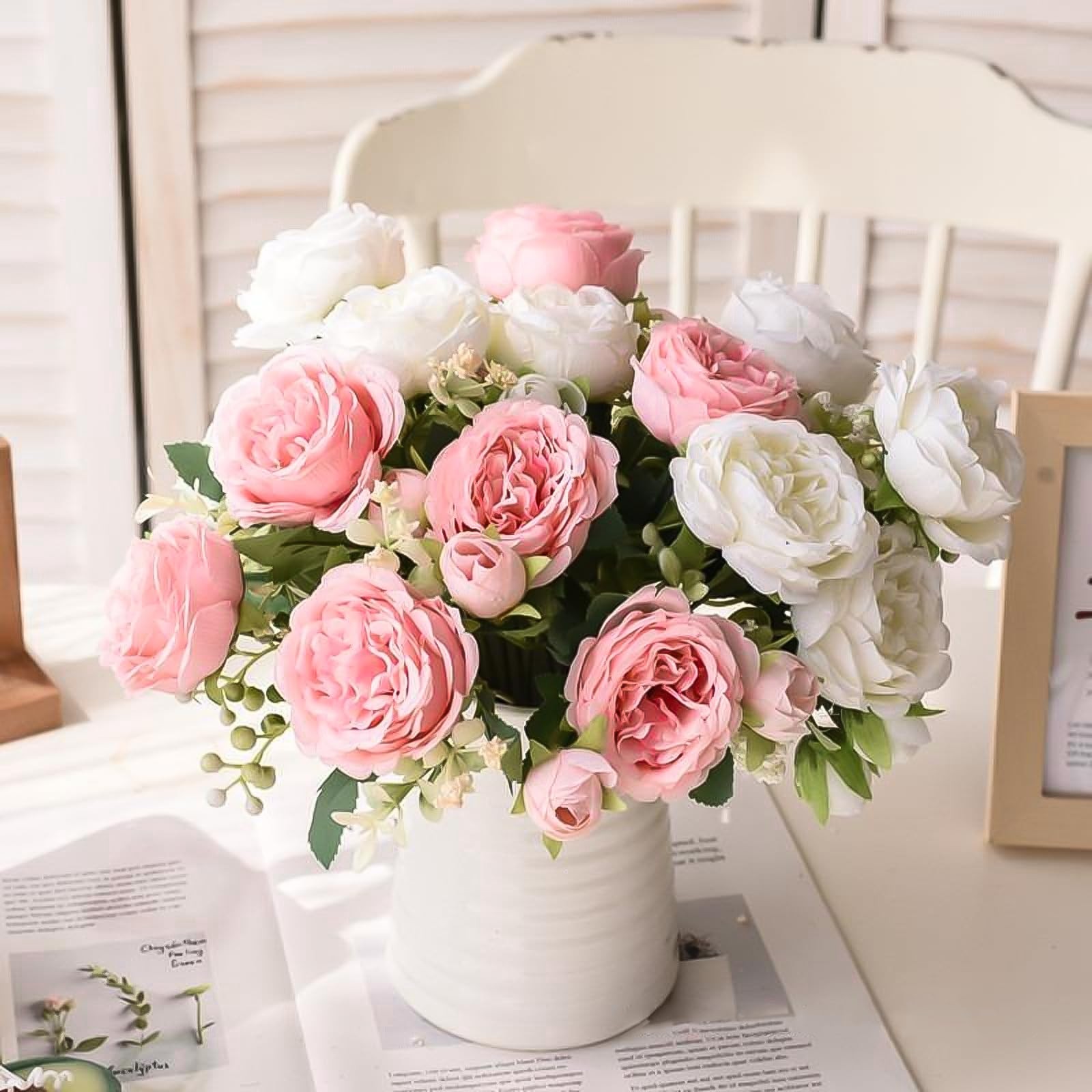 4 Bundles Peonies Artificial Silk Flowers, Pink White Fake Peony Flowers Bouq…