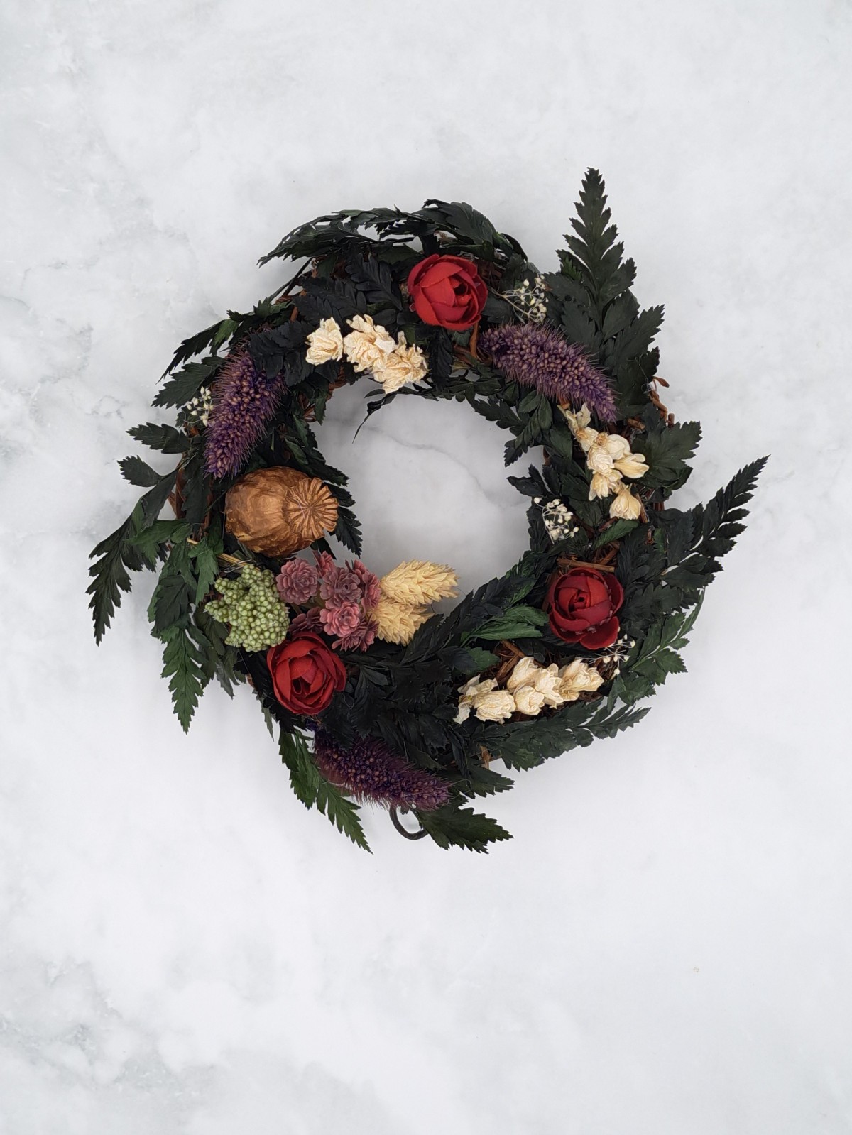 Handmade Leather Leaf Fern Grapevine Wreath Dried & Silk Flower Arrangement