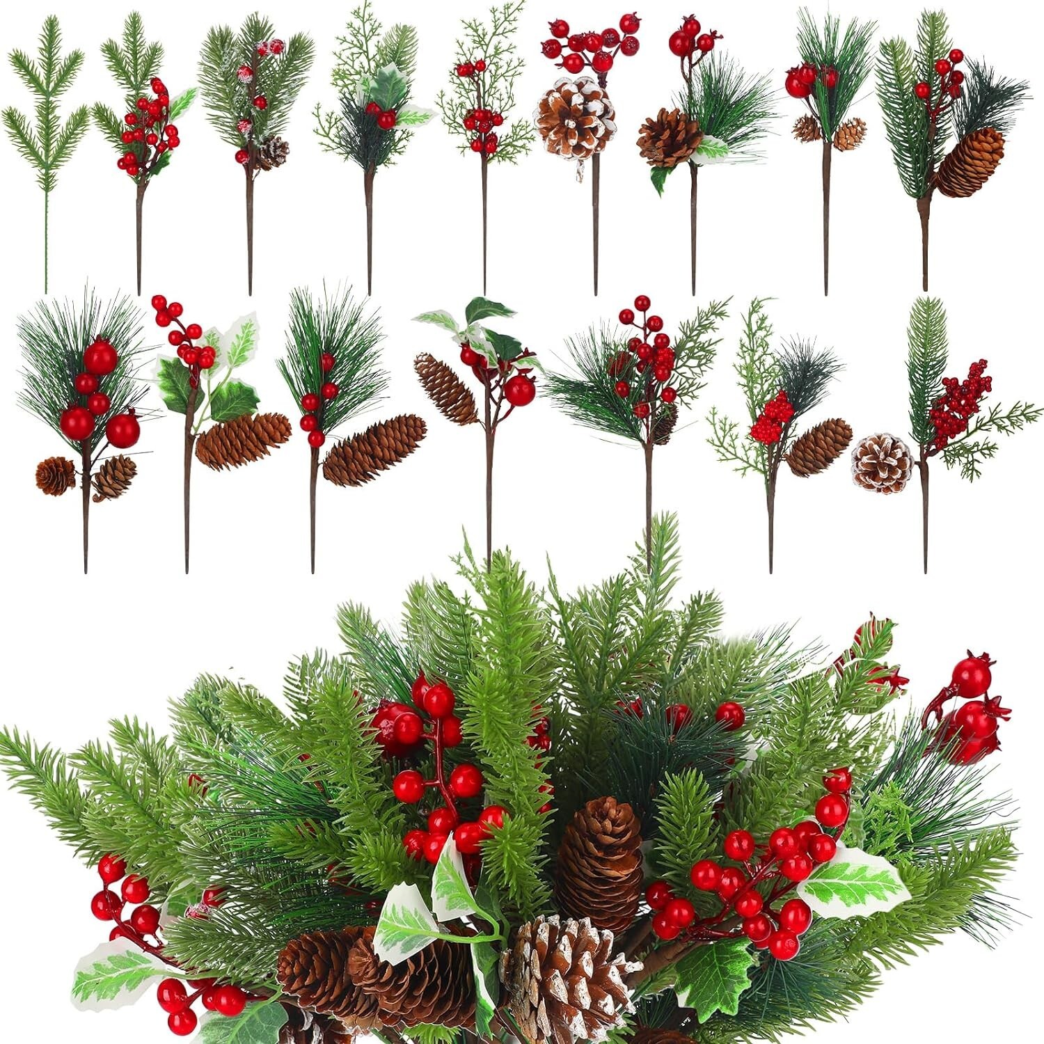 200 Pcs Artificial Christmas Picks & Sprays Green Pine Needles Pine Twig Branch