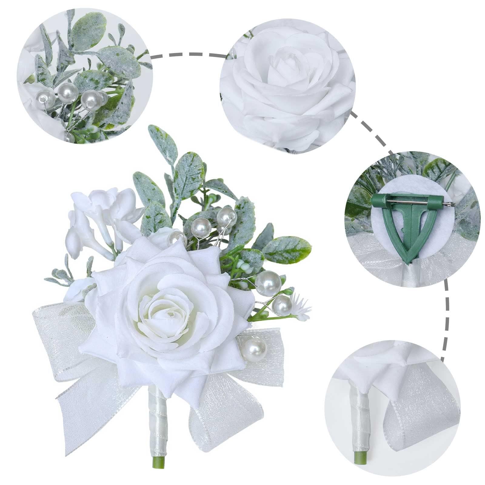 White Rose Boutonniere Men Wedding Groom Groomsmen Artificial Flowers Prom