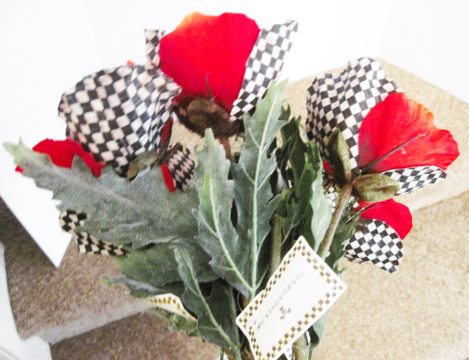 3~COURTLY CHECK & RED POPPY FLOWERS FLORAL STEMS NEW OLD STOCK MACKENZIE CHILDS