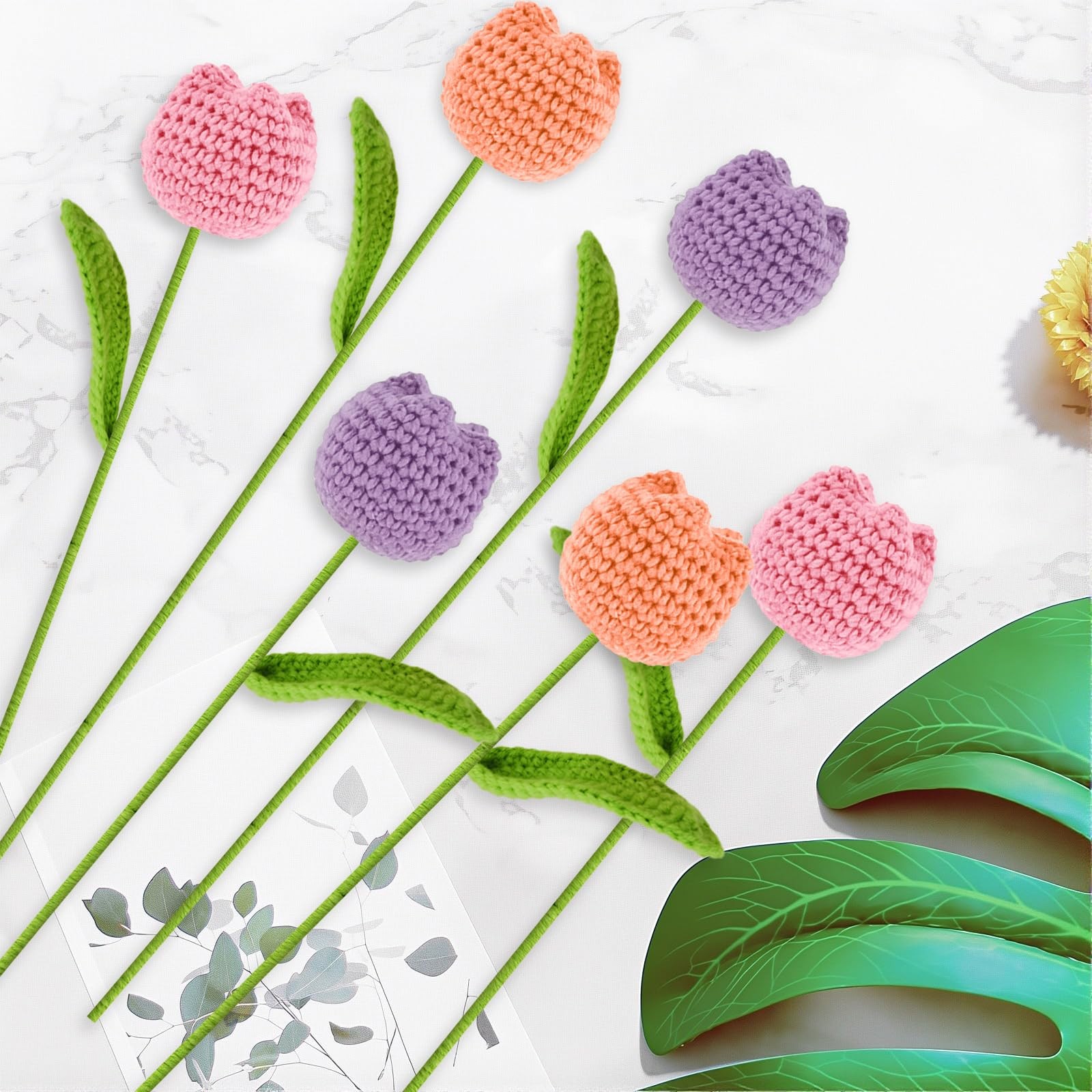 Crochet Tulips Flowers Knitted Bouquet Office Home Car Decoration Fake 6 PCS