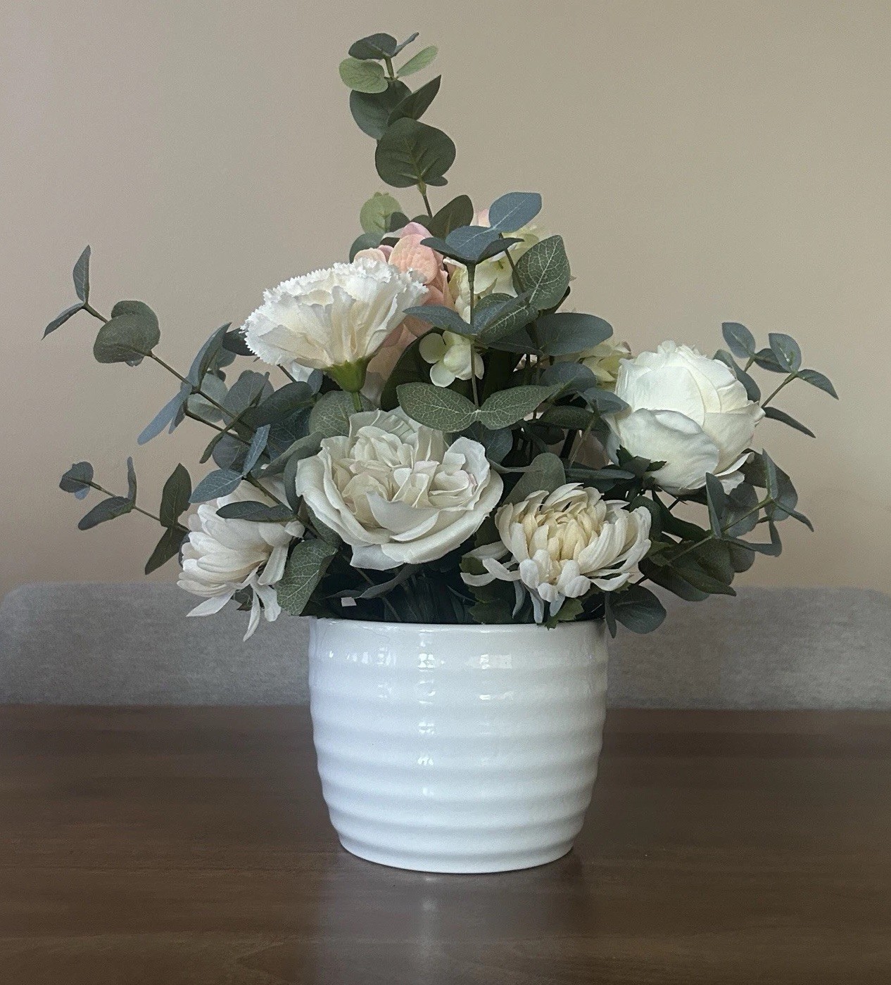 Artificial Faux Flowers Floral Arrangement With White Ribbed Vase Centerpiece
