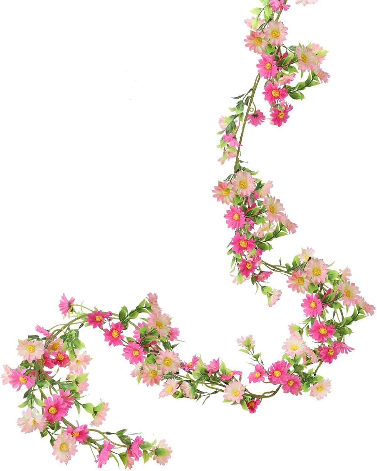 6.5ft Silk Flower Garland Pink Wildflower & Artificial Daisy Vine with 88 Blo…
