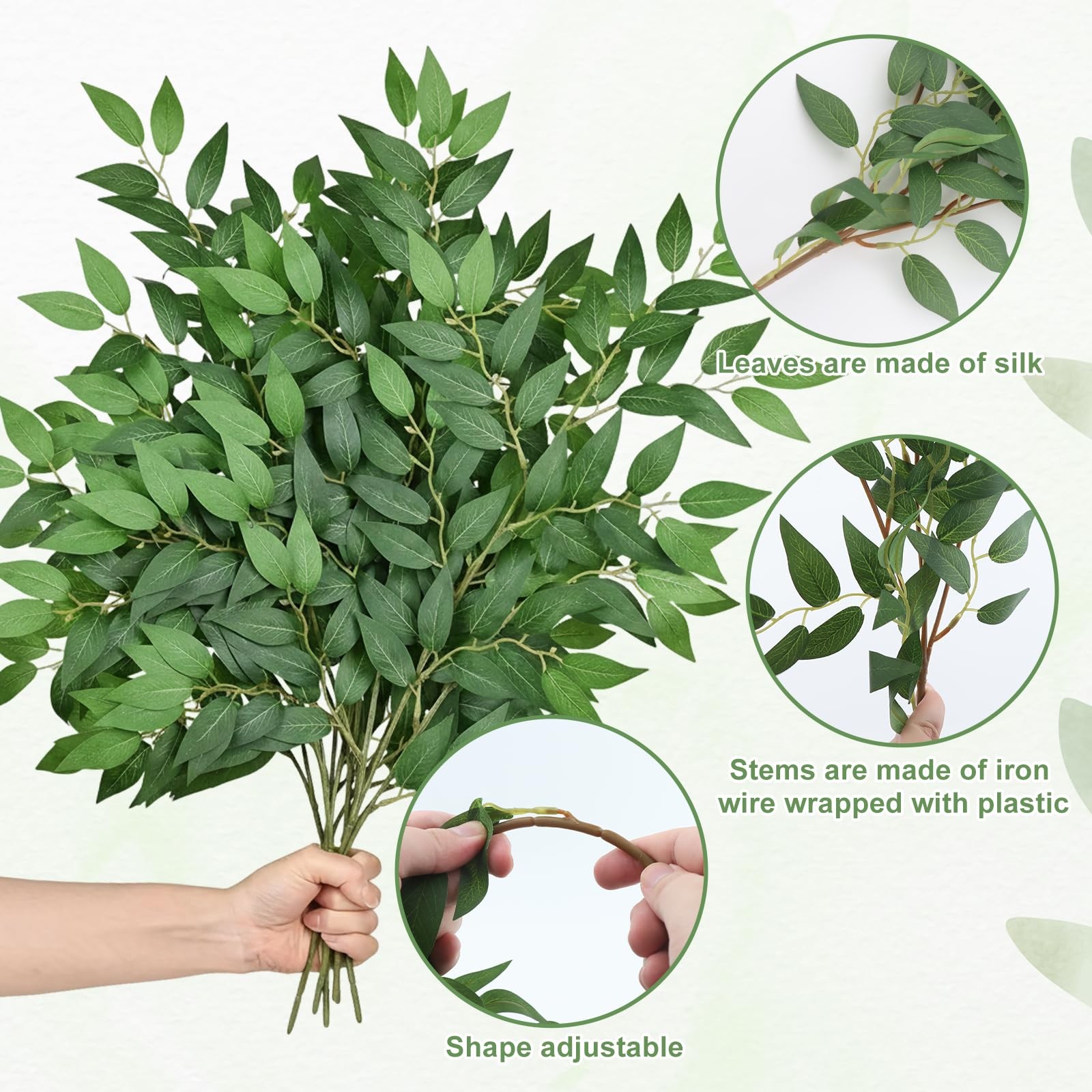 40PCS Artificial Italian Ruscus Greenery Stems, 68cm 26.8” Fake Green Leaf G…