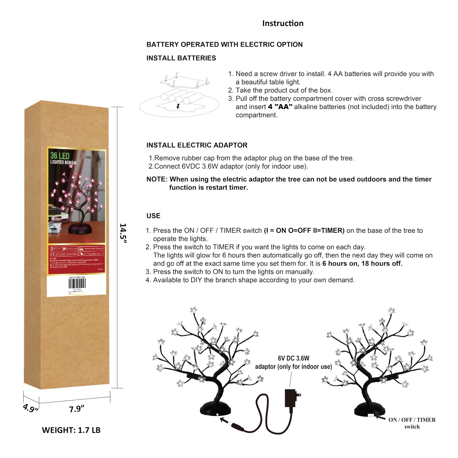 16Inch 36LED Cherry Blossom Bonsai Light, Pink Light, Battery Powered and Plu…