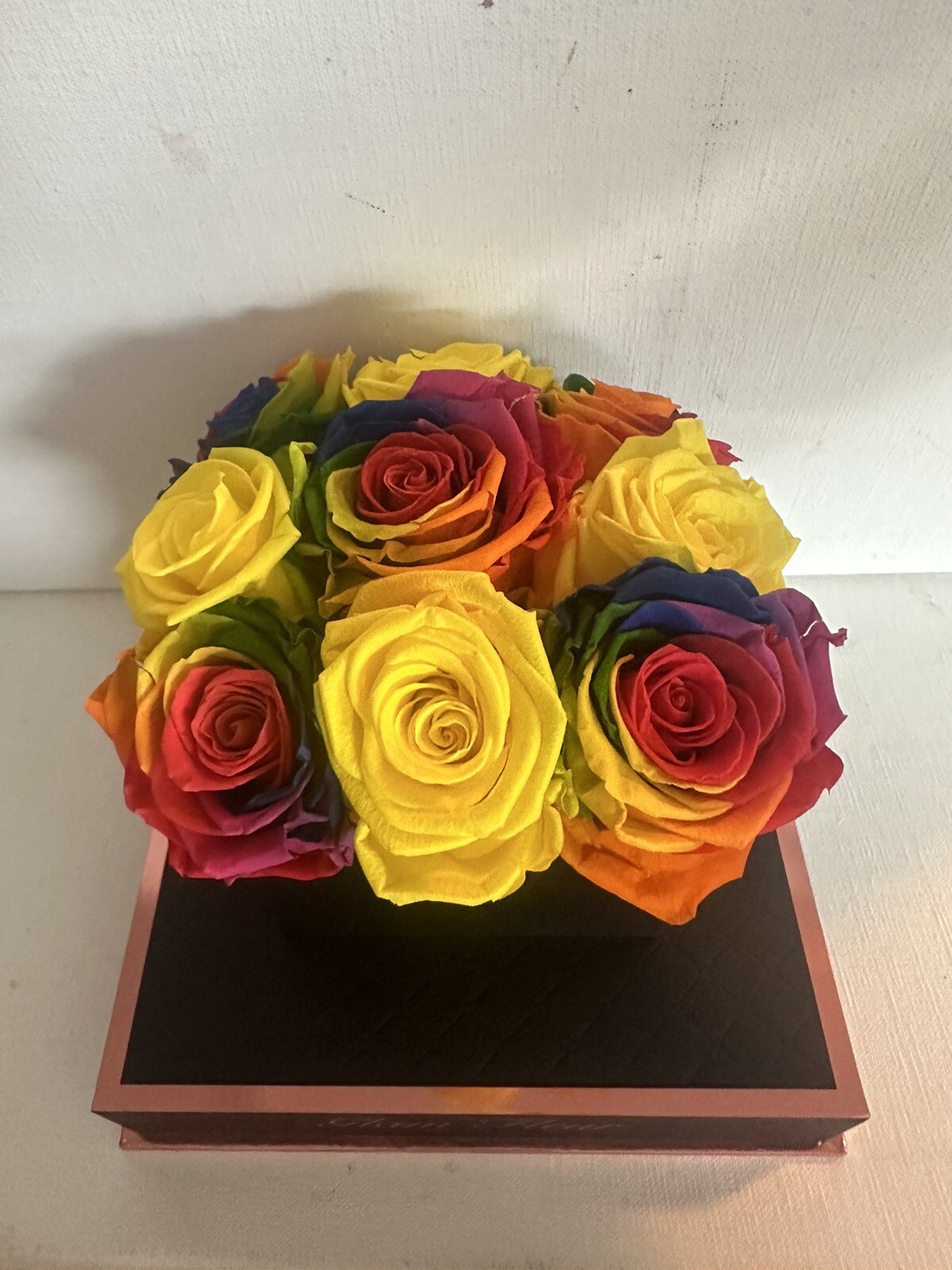 Glam Fleur Preserved 9 Yellow And Colorful Real Roses in Square Gift Box
