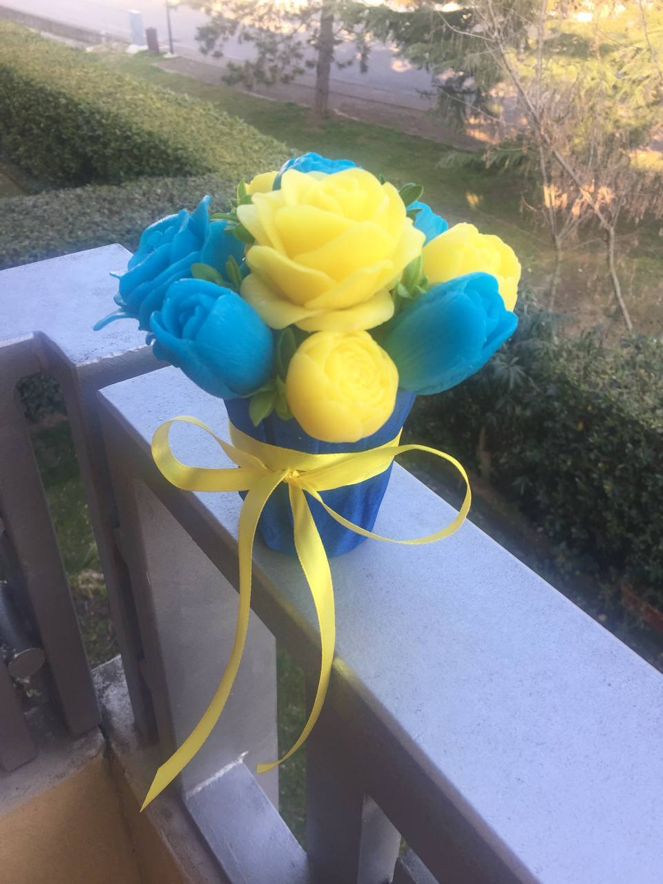 Handmade soap bouquet for decoration or present in colors of Ukraine gift