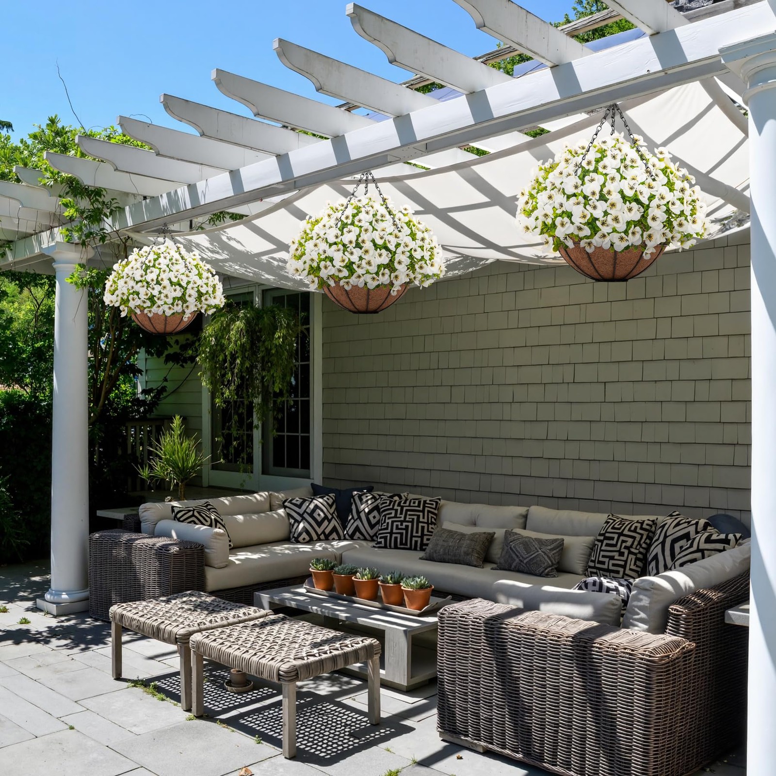 Artificial Hanging Flowers with Baskets for Outdoors, Fake Silk Pansy Flowers…