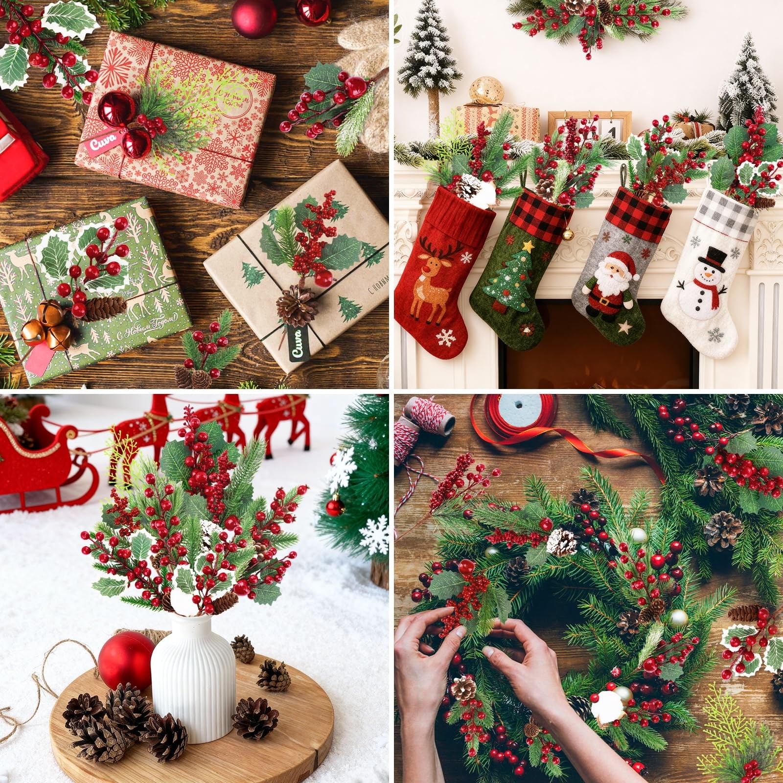 Christmas Picks and Sprays Artificial Pine Needles Branches Berries Red Stems…