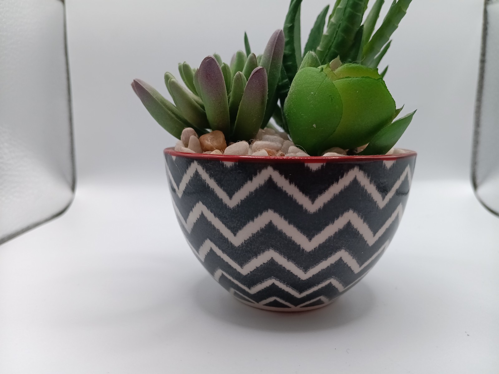 Decorative Artifical 3-Plant Succulent Arrangement In Chevron Print Bowl