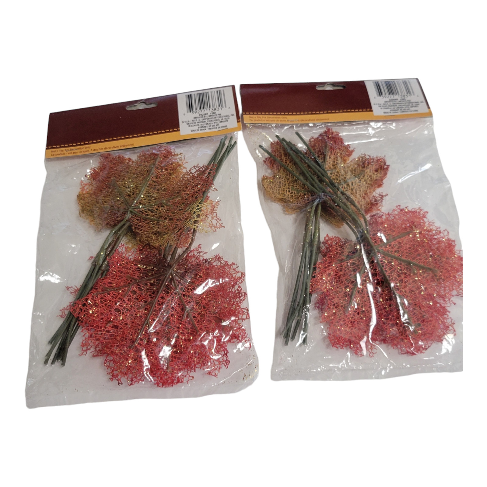 Lot of 2 Autumn Mesh Maple Leaves Wire Stems Glitter Golds Yellows 14 Each Bag