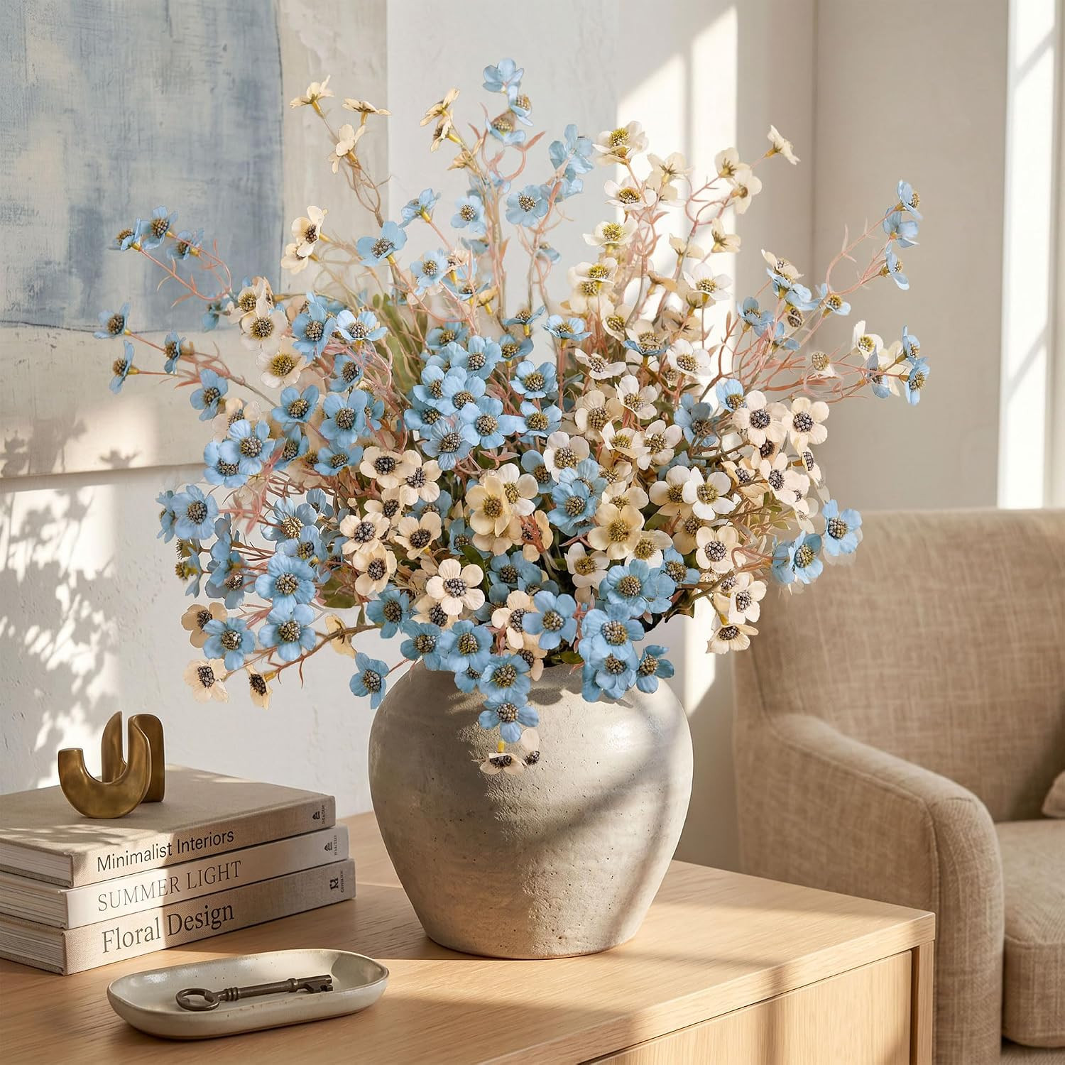 12 Pcs Artificial Wild Flowers – Blue Ivory Silk Faux Floral Decor for Home