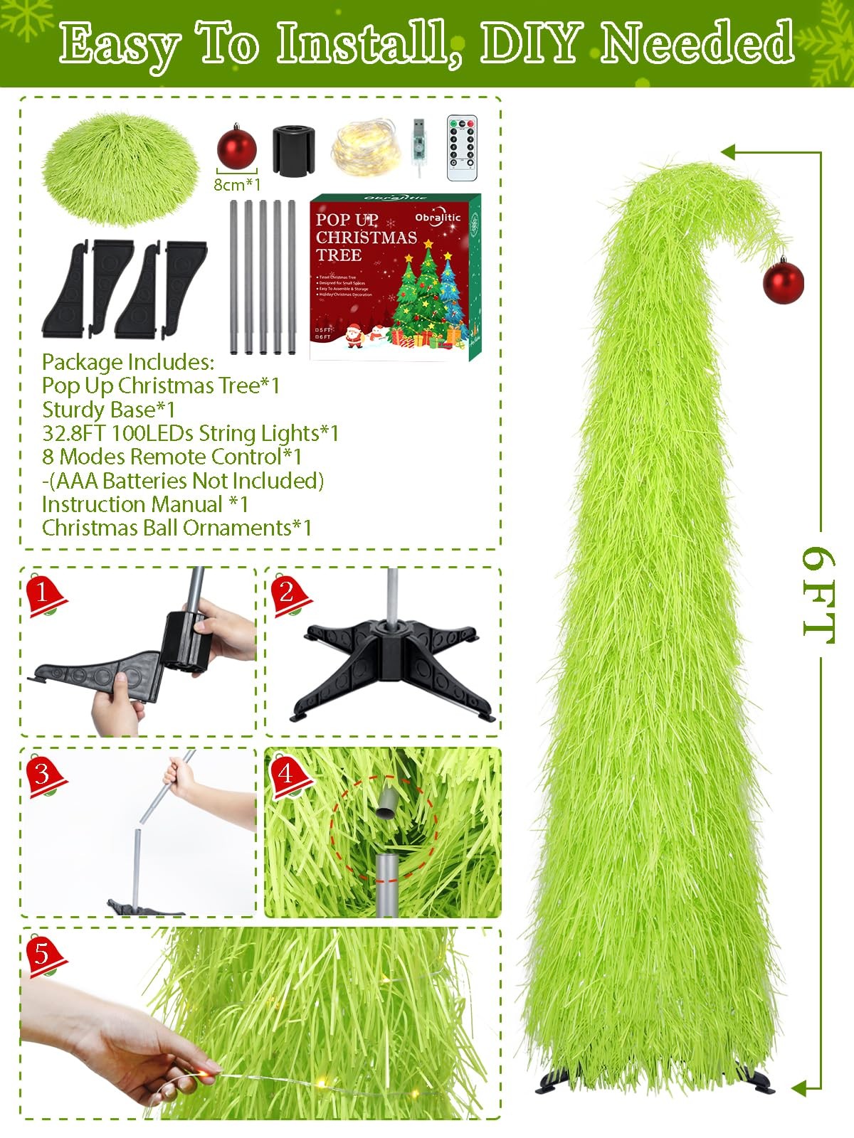 6FT Artificial Shaggy Pop Up Christmas Tree with 100 LEDs, Lime Green Curve