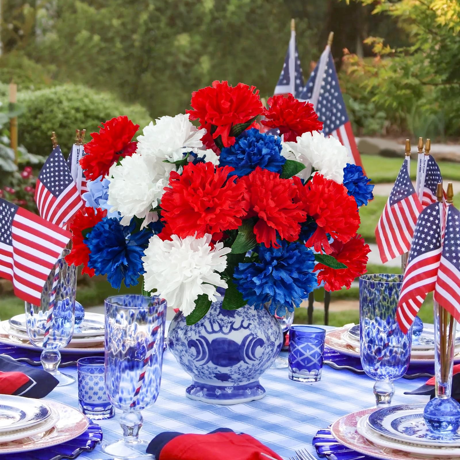 6Pcs Red White Blue Faux Mums Flowers for 4th of July Decor, Patriotic Memori…