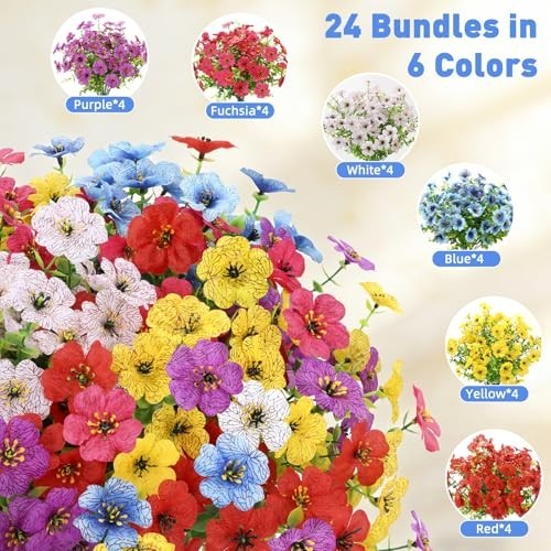 24 Bundles UV Resistant Artificial Flowers for Outdoor Planters & Garden Decor