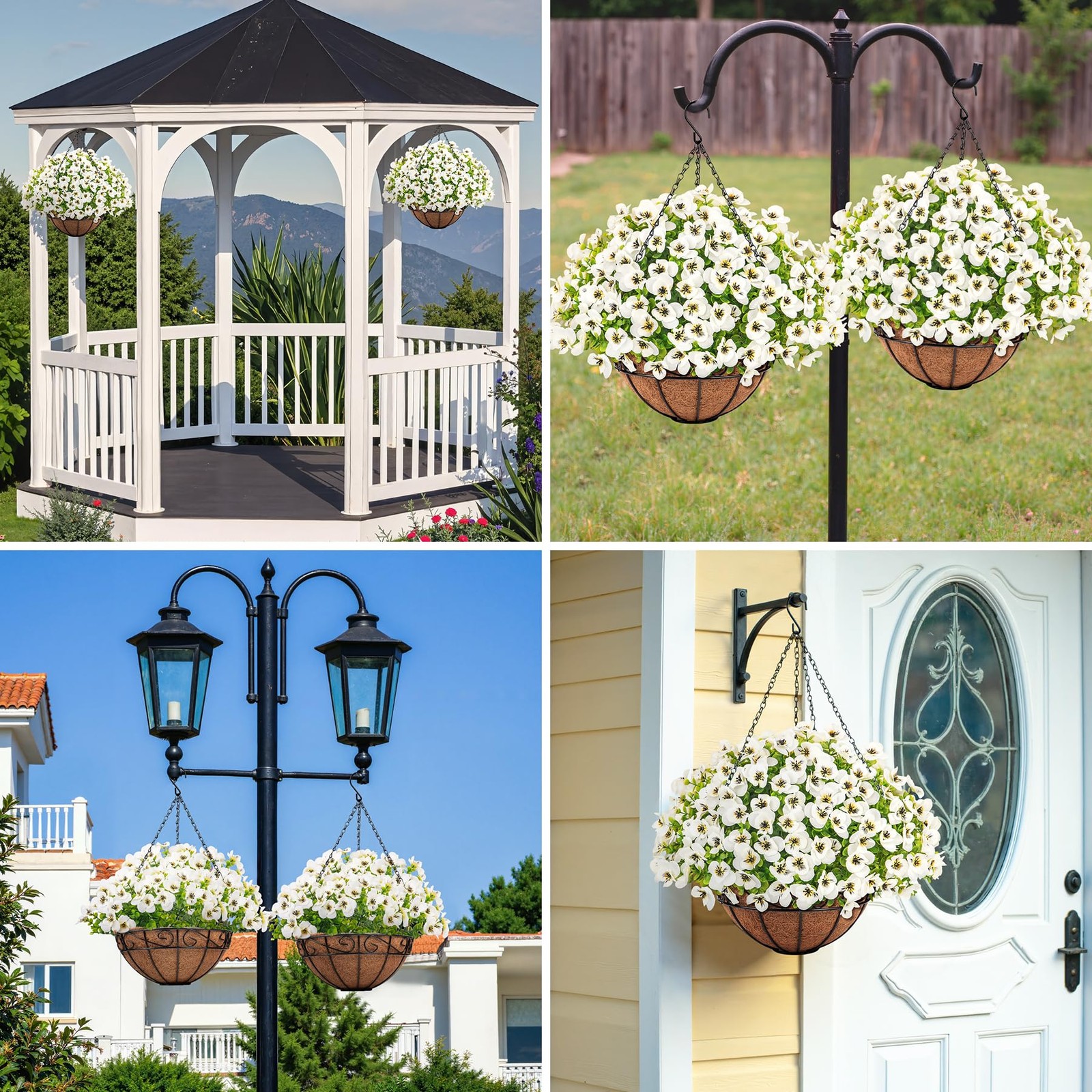 Artificial Hanging Flowers with Baskets for Outdoors, Fake Silk Pansy Flowers…