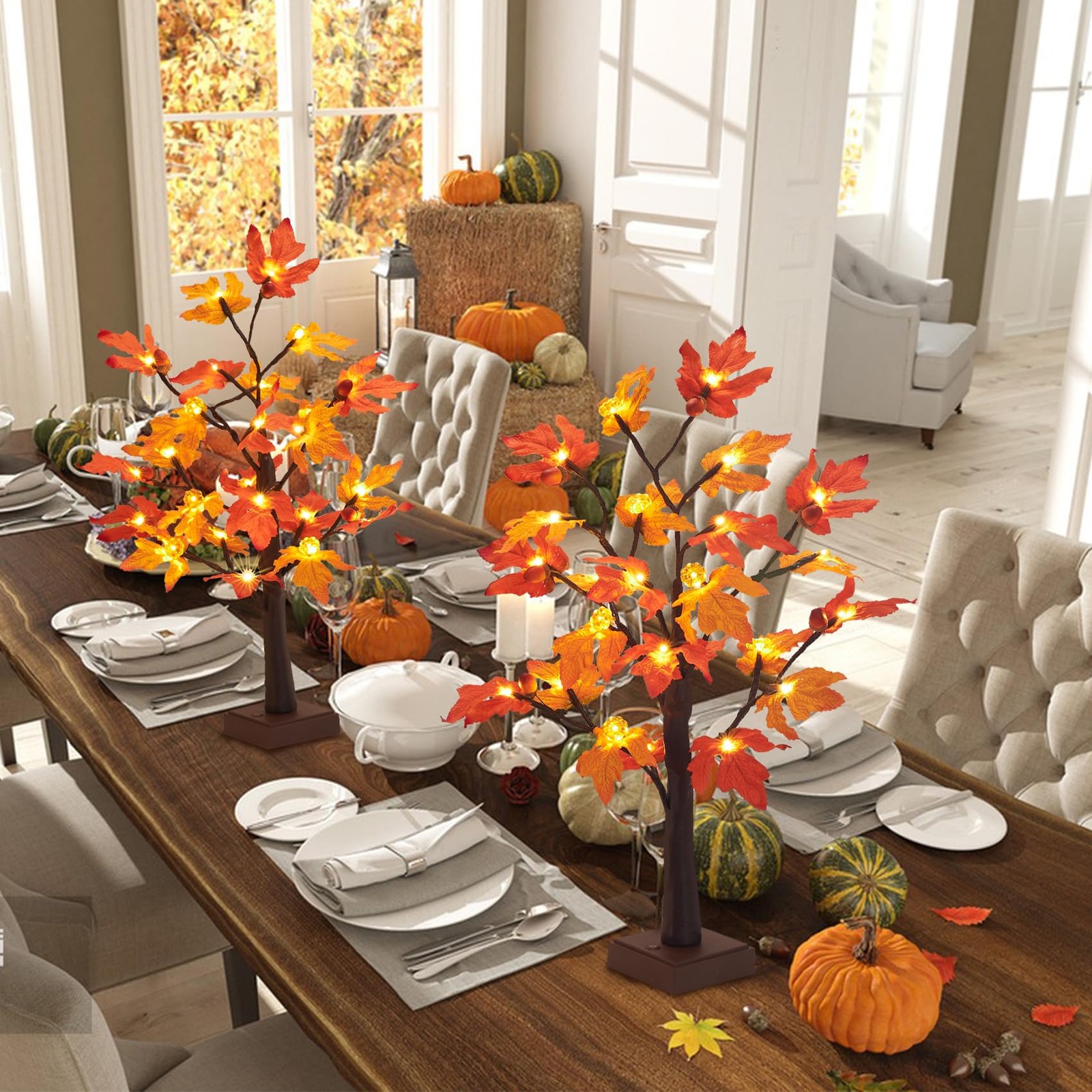 Fall Maple Tree Lights 2 Pack 24 Inch 48 LED Pumpkin Acorn Timer Battery USB