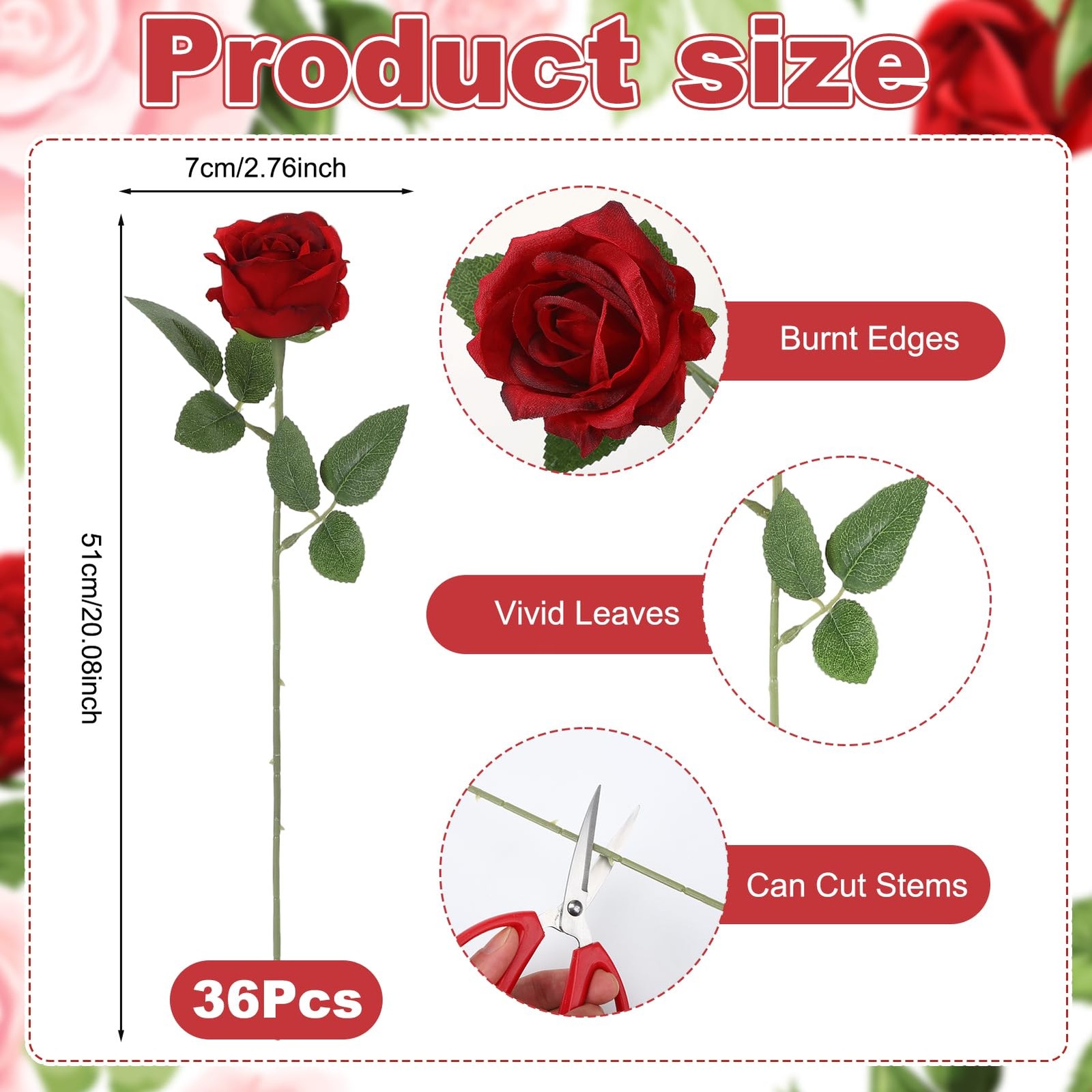 Hoemwarm 36 Pcs Burgundy Artificial Roses with Long Stems, Fake Silk Rose Art…