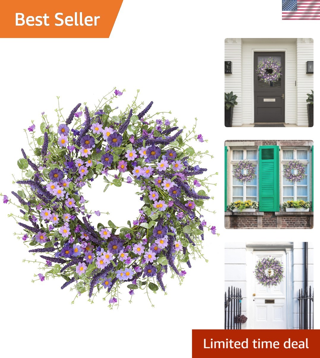 Handmade 24-Inch Purple Daisy and Eucalyptus Wreath – Perfect for All Occasions