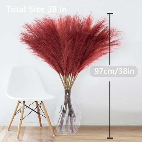 38″ 10 Stems Faux Pampas Grass Tall – Red Tall Pampas Grass Decor Burgundy