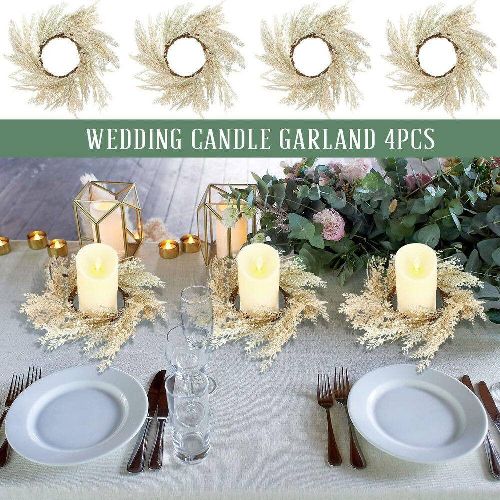 2.36 in Beige Artificial Plant Pampas Grass Candle Ring Wreath 4 Pcs Faux Boho T