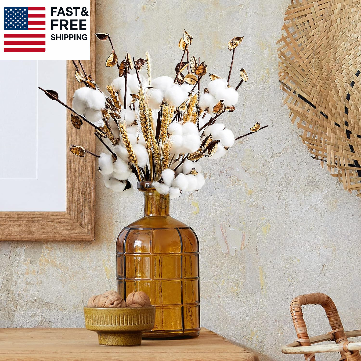 24 Pieces Farmhouse Cotton Flowers 17.7 Inch Fake Artificial Cotton Stems wi