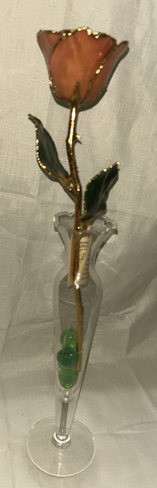 24K Gold Trimmed Real Peach Forever Rose Crystal Vase Green Glass Keepsake
