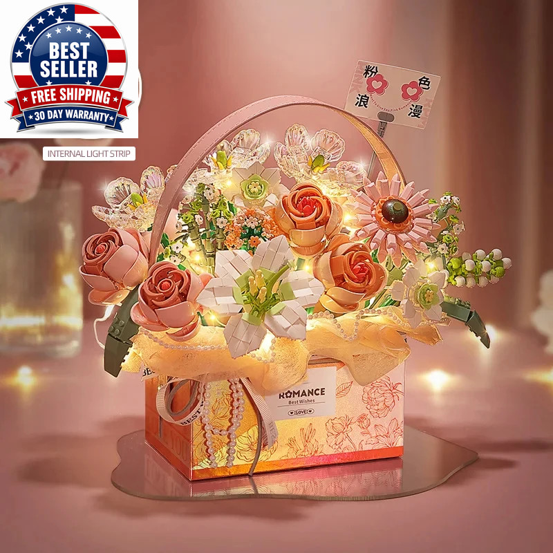 Creative Pink Rose Basket Bouquet Building Blocks Portable Flower Bouquet Gift B