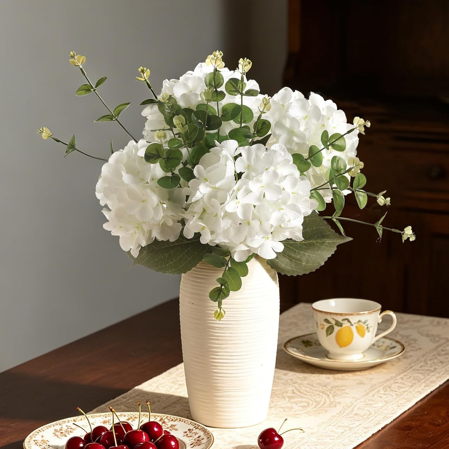 6 Pcs White Hydrangea Artificial Silk, With Stems Wedding Bouquet Decor