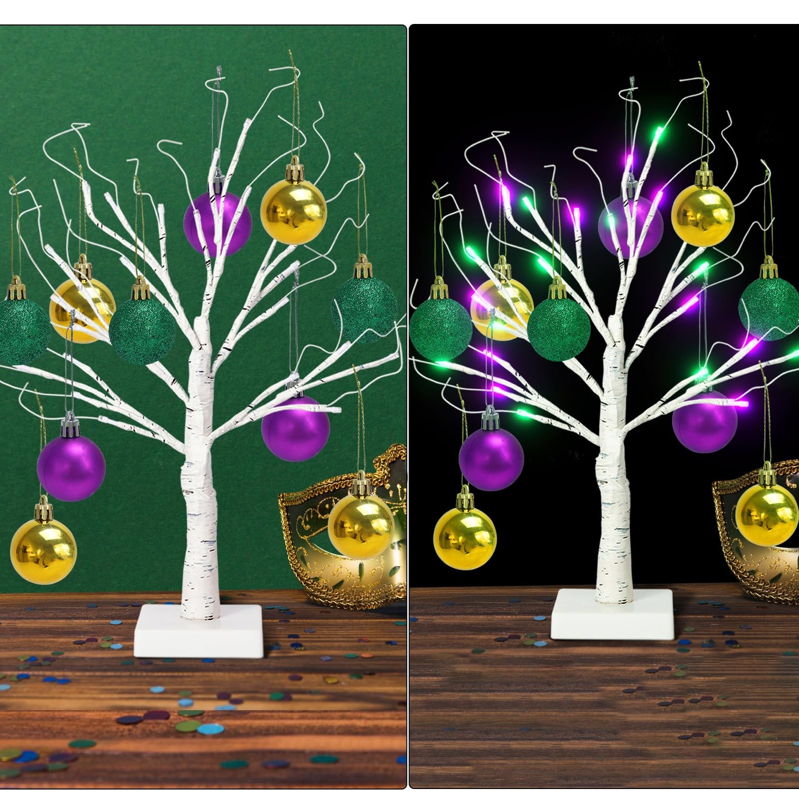[Timer] 24” Mardi Gras Lighted Tabletop Birch Tree with 12pcs Ball Ornaments…