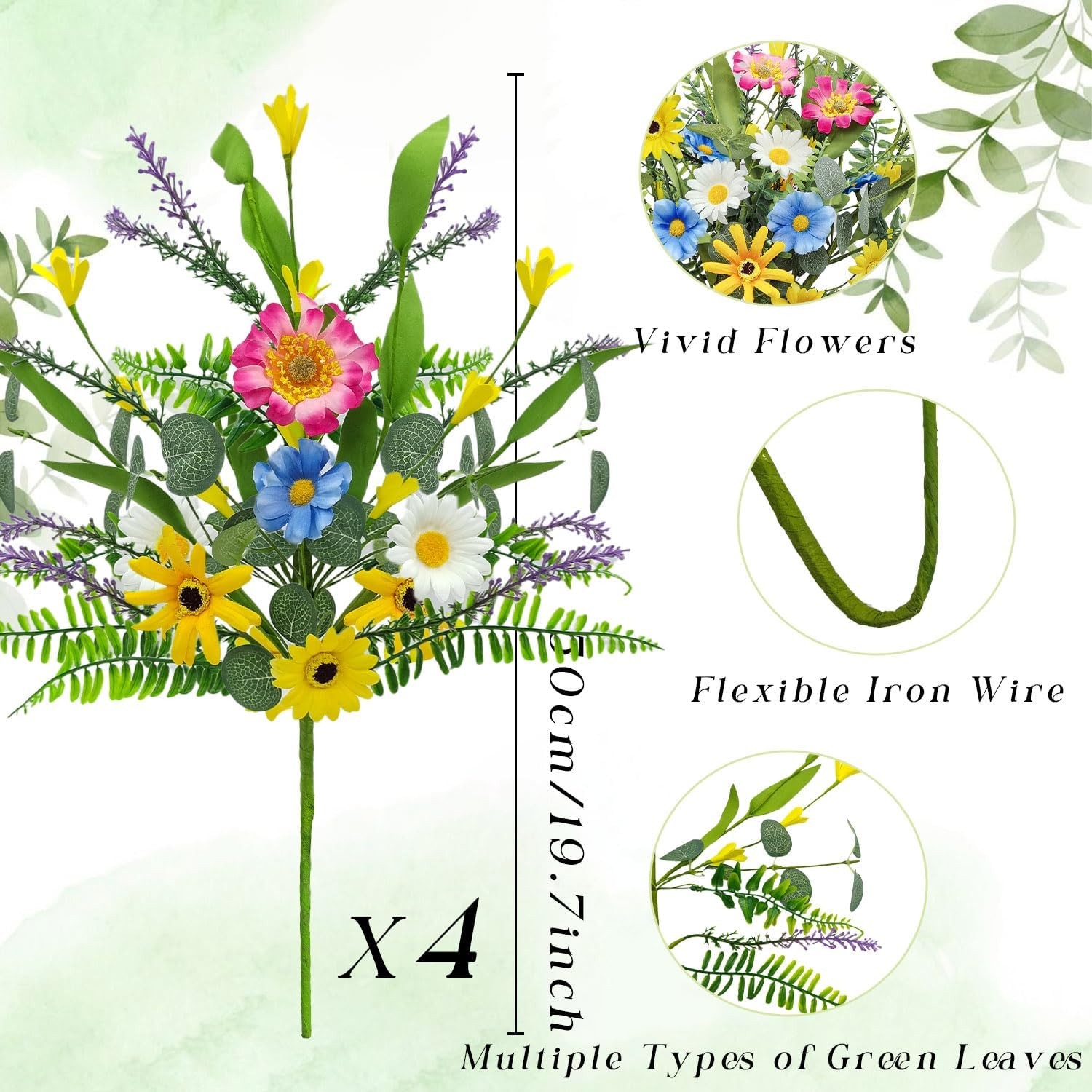 4 Bundles Artificial Daisy Flowers Bouquet Fake Wildflowers Silk Spring Floral