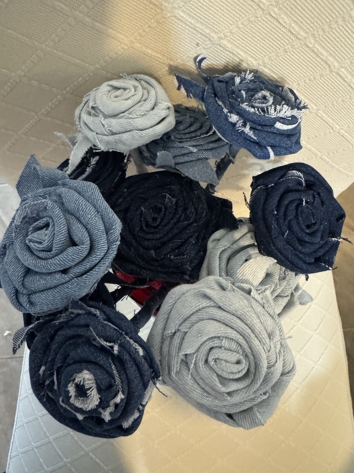 12 (a Dozen) Handmade Denim Roses, Upcycled Vase, Birthday, Mother’s Day, Easter